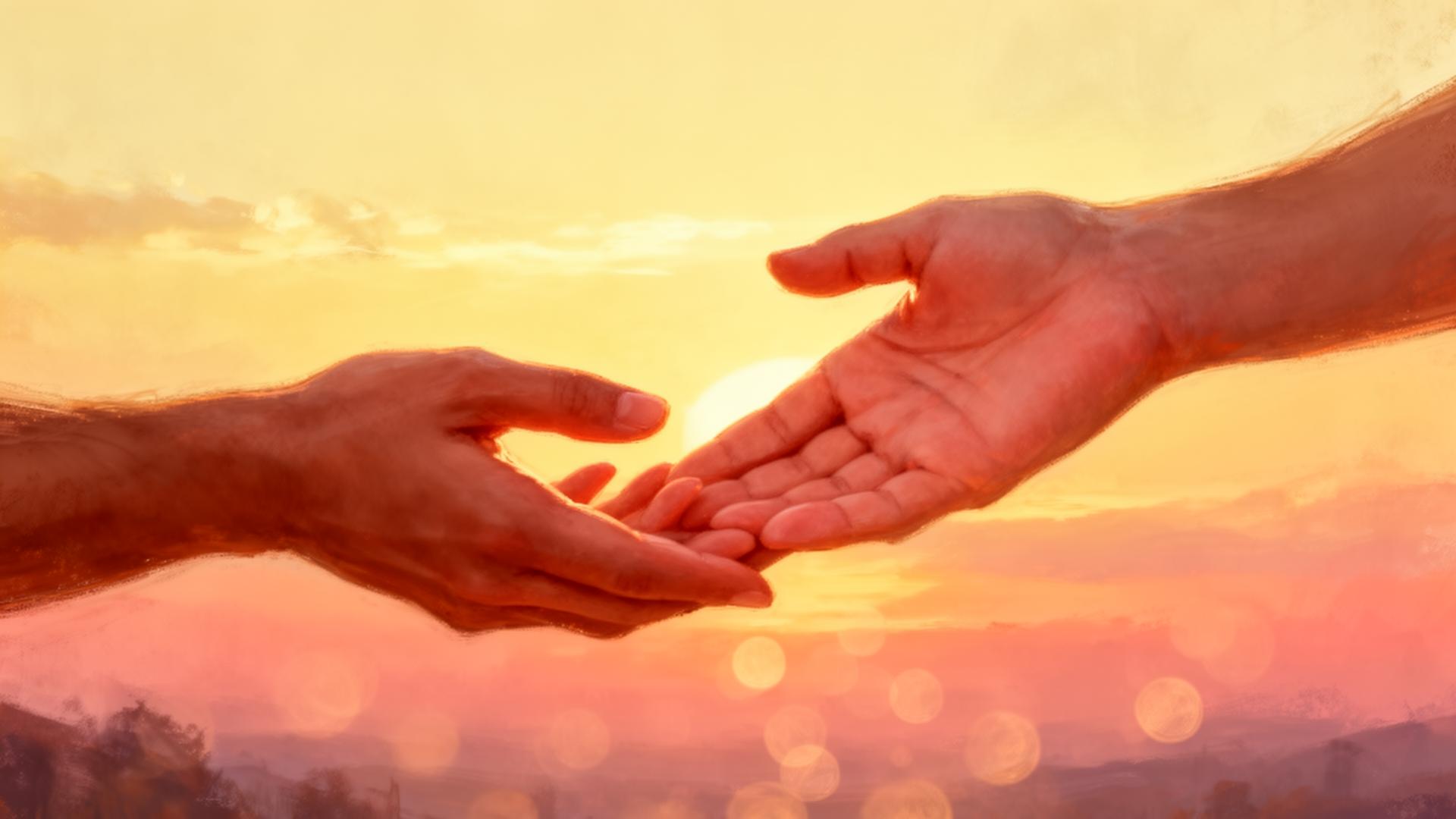 Twee handen die elkaar zachtjes raken bij zonsondergang